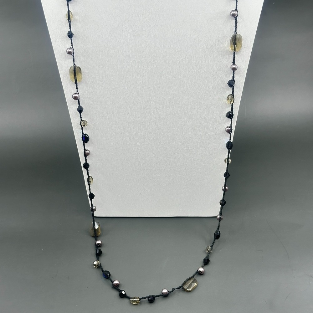 Cookie Lee Black Cord Beaded Long Necklace Smoky Glass Faux Pearl Boho Layering